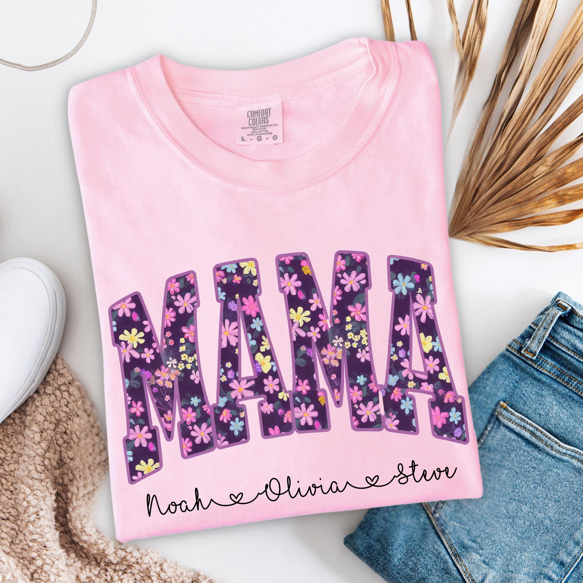Personalized Mama Floral Print Shirt Custom Mom Name Graphic Tee Cute Everyday T Shirt yellow xl sweatshirt