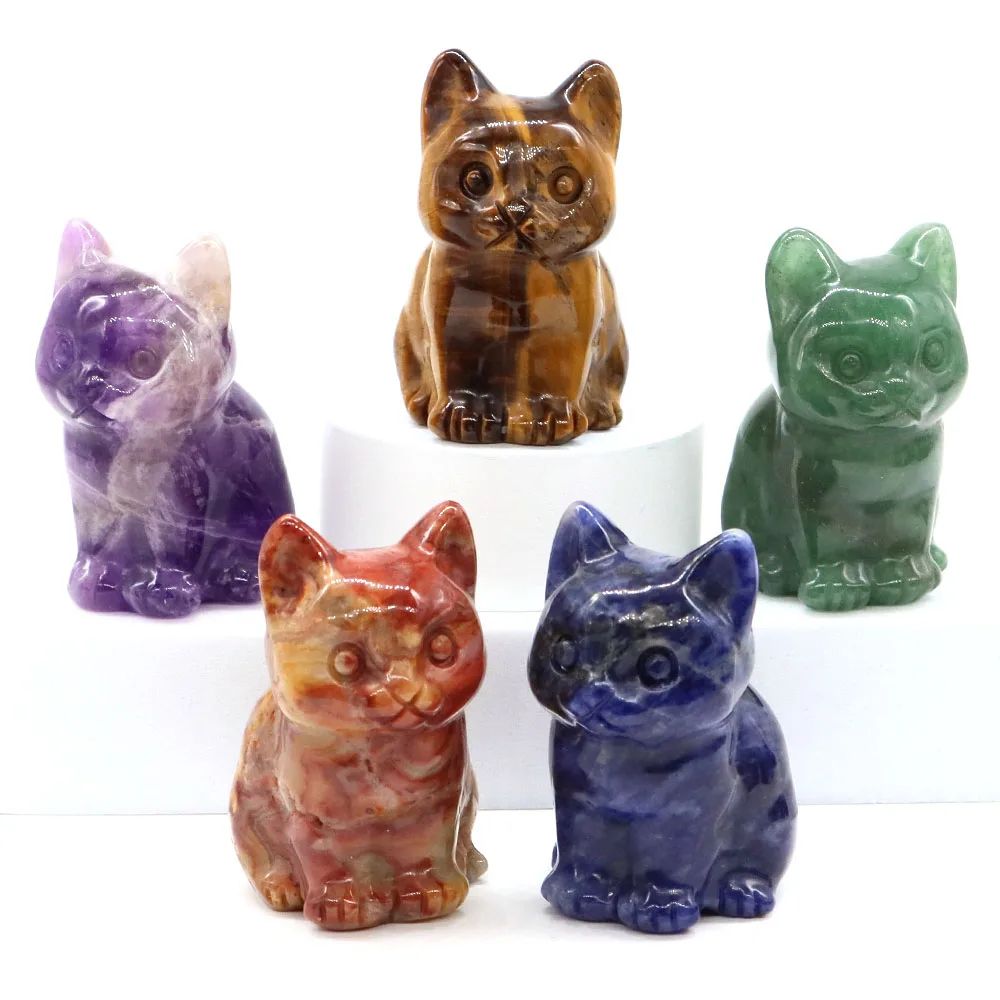 Natural Crystal Cat Statue Amethyst Healing Stone Animal Figurine 7