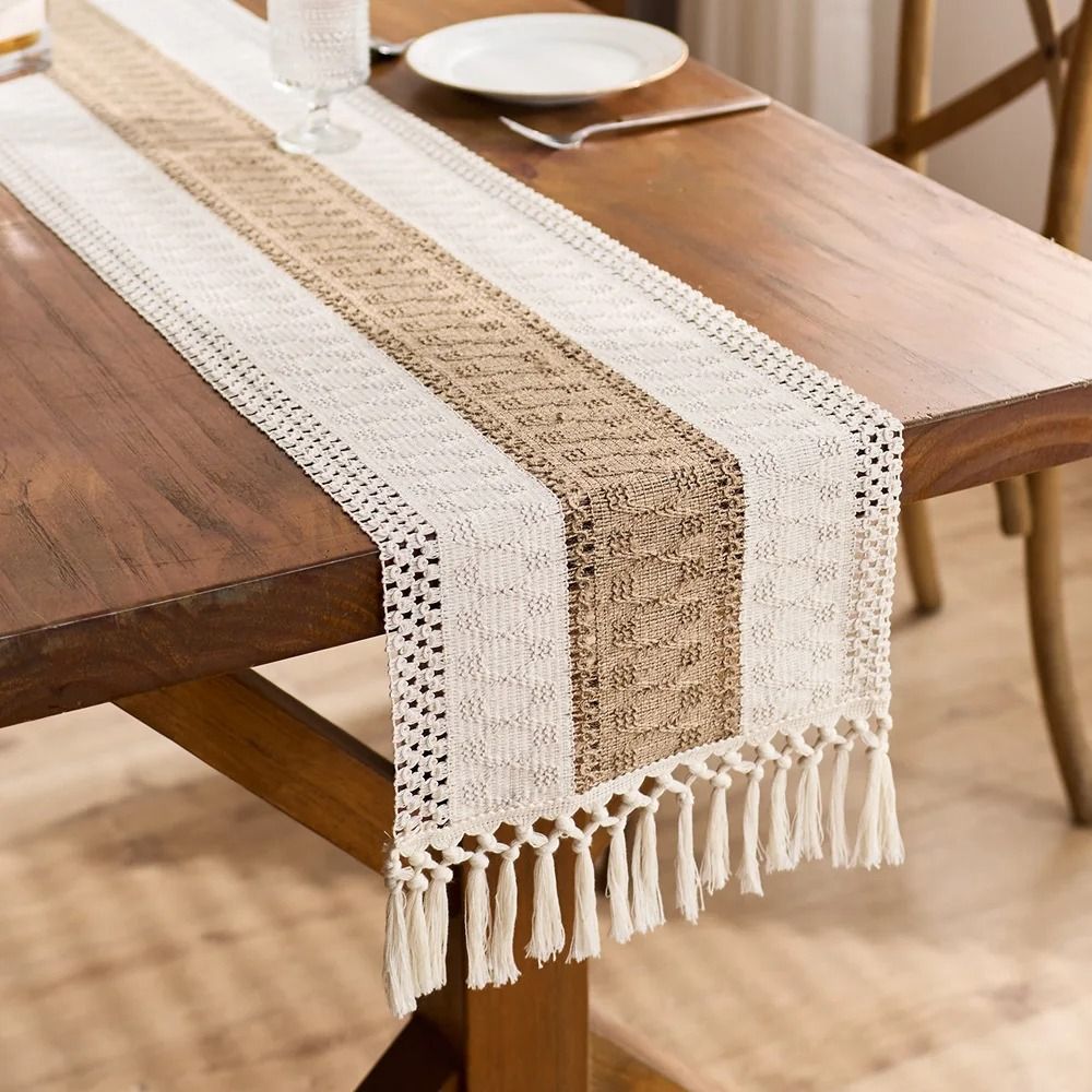Boho Macrame Table Runner Cream & Brown Farmhouse Decor With Tassels For Bohemian Dining & Bedroom khaki 11.8 X 19.7 In (30x50 Cm)