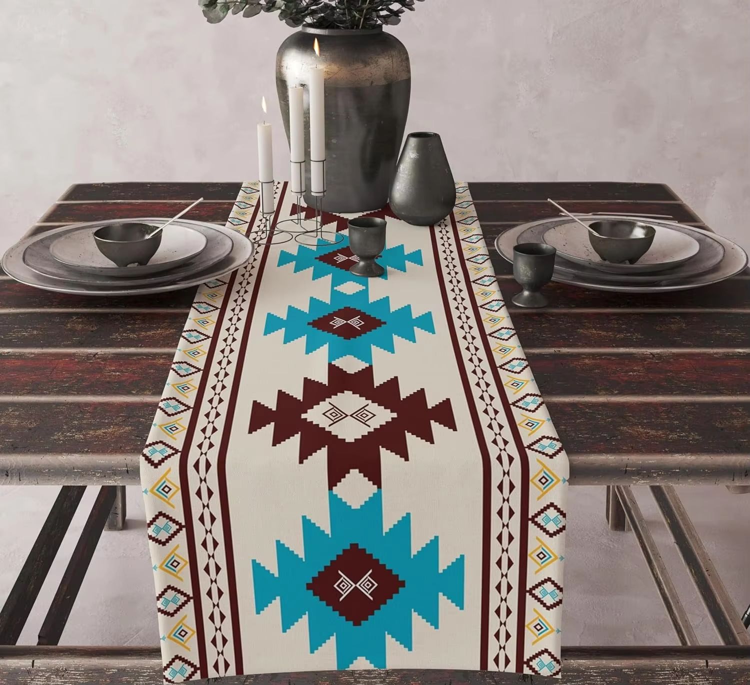 Aztec Boho Linen Table Runner Geometric Tribal Dining Table Decor 70.8x13inch rustic Tiles