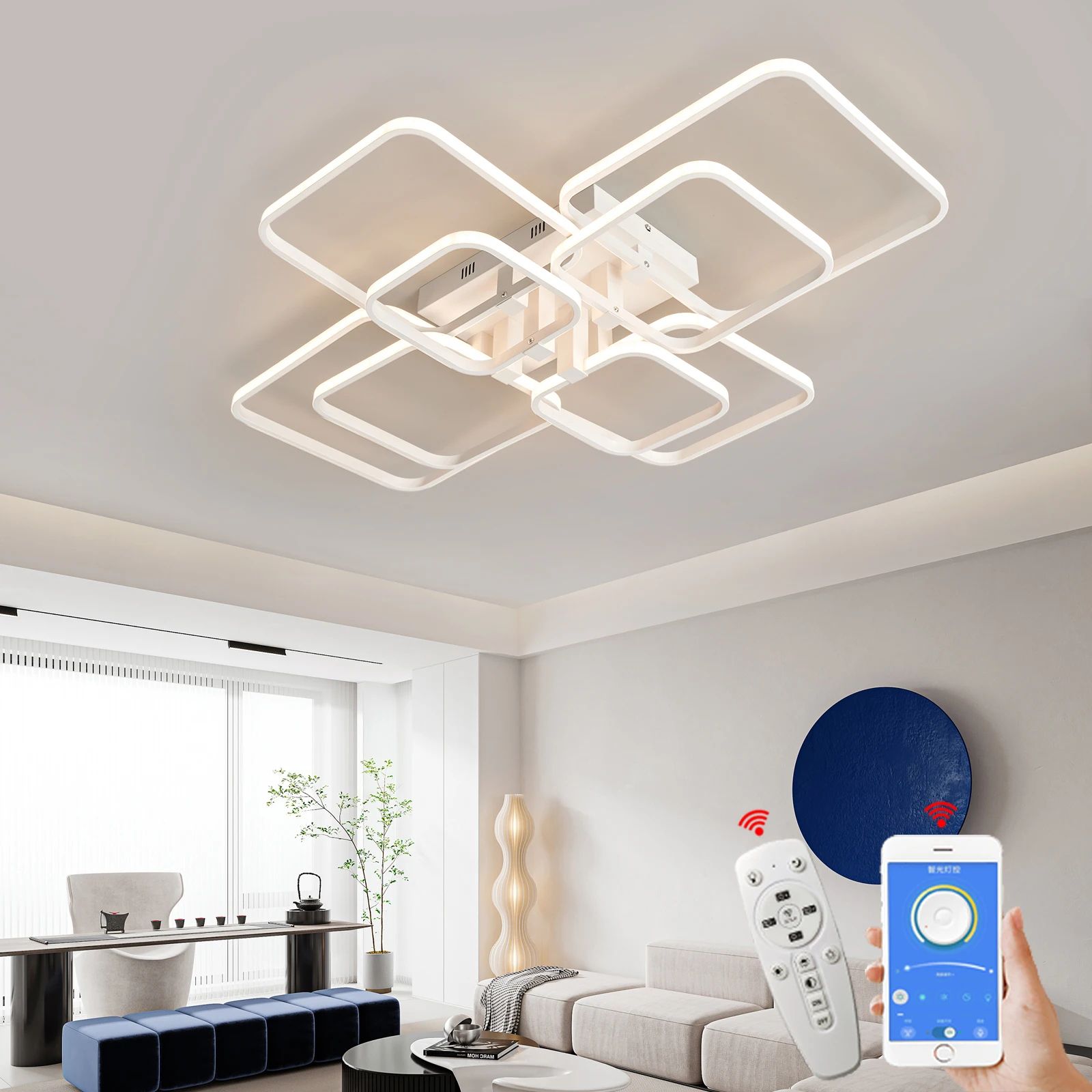 Modern LED Ceiling Chandelier Light For Living Room 8 Arms White Square dimmable Rc With App