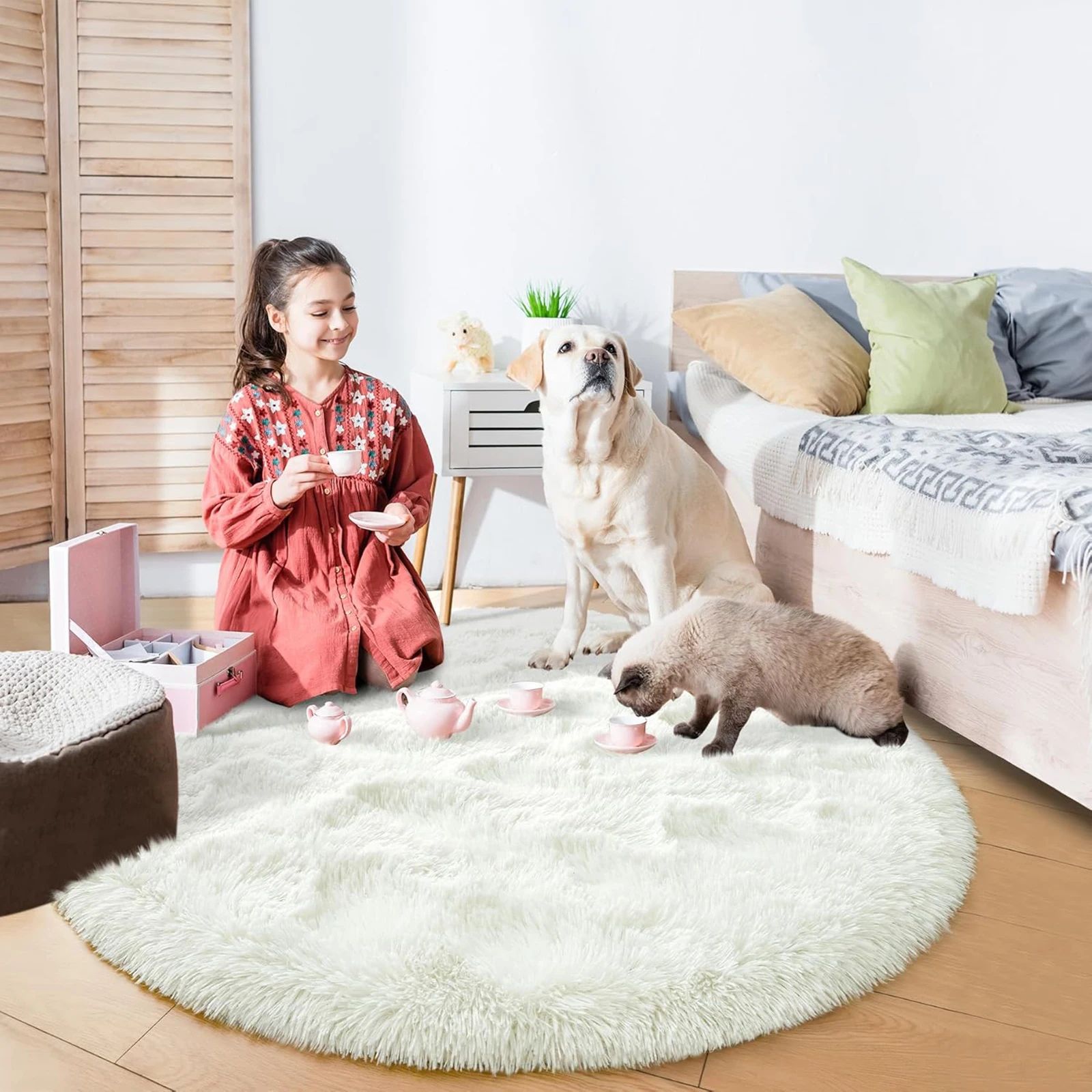 Fluffy Round Rug Soft Shaggy Carpet For Bedroom And Living Room white 70.87 Inches