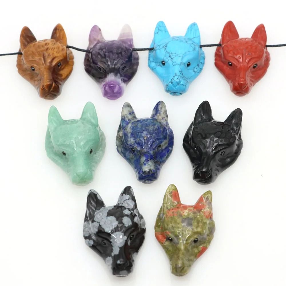 Hand Carved Wolf Head Crystal Pendant Natural Stone Healing Necklace 08 5 Pcs