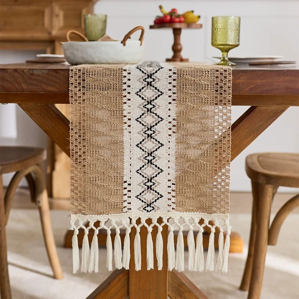 Boho Rustic Brown Macrame Table Runner | Farmhouse Burlap Decor With Tassels 30 X 240 Cm