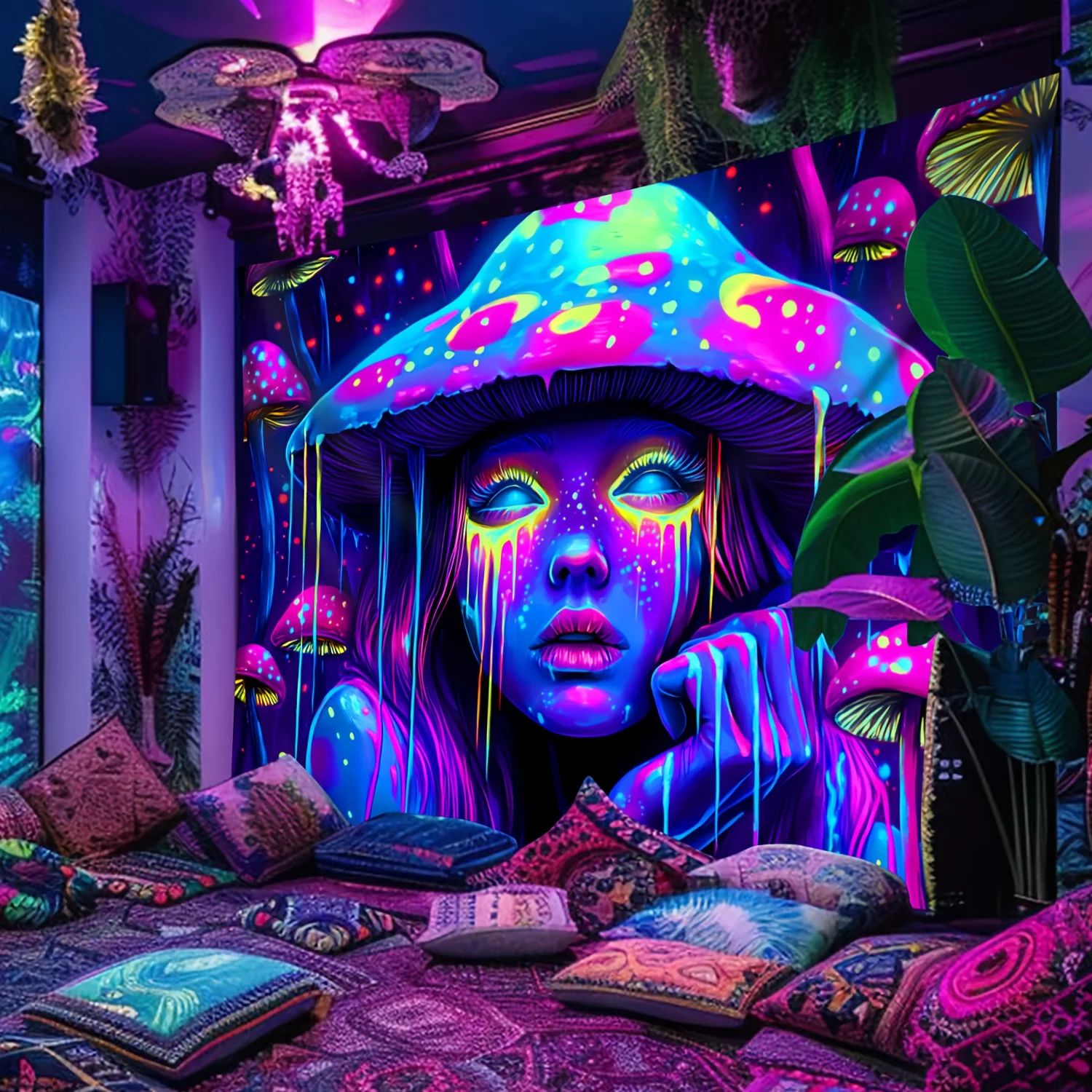 Mystic Mushroom Girl Blacklight Reactive Tapestry Wall Hanging For Bedroom Dorm And Gaming Room 73x95cm 29x37inch