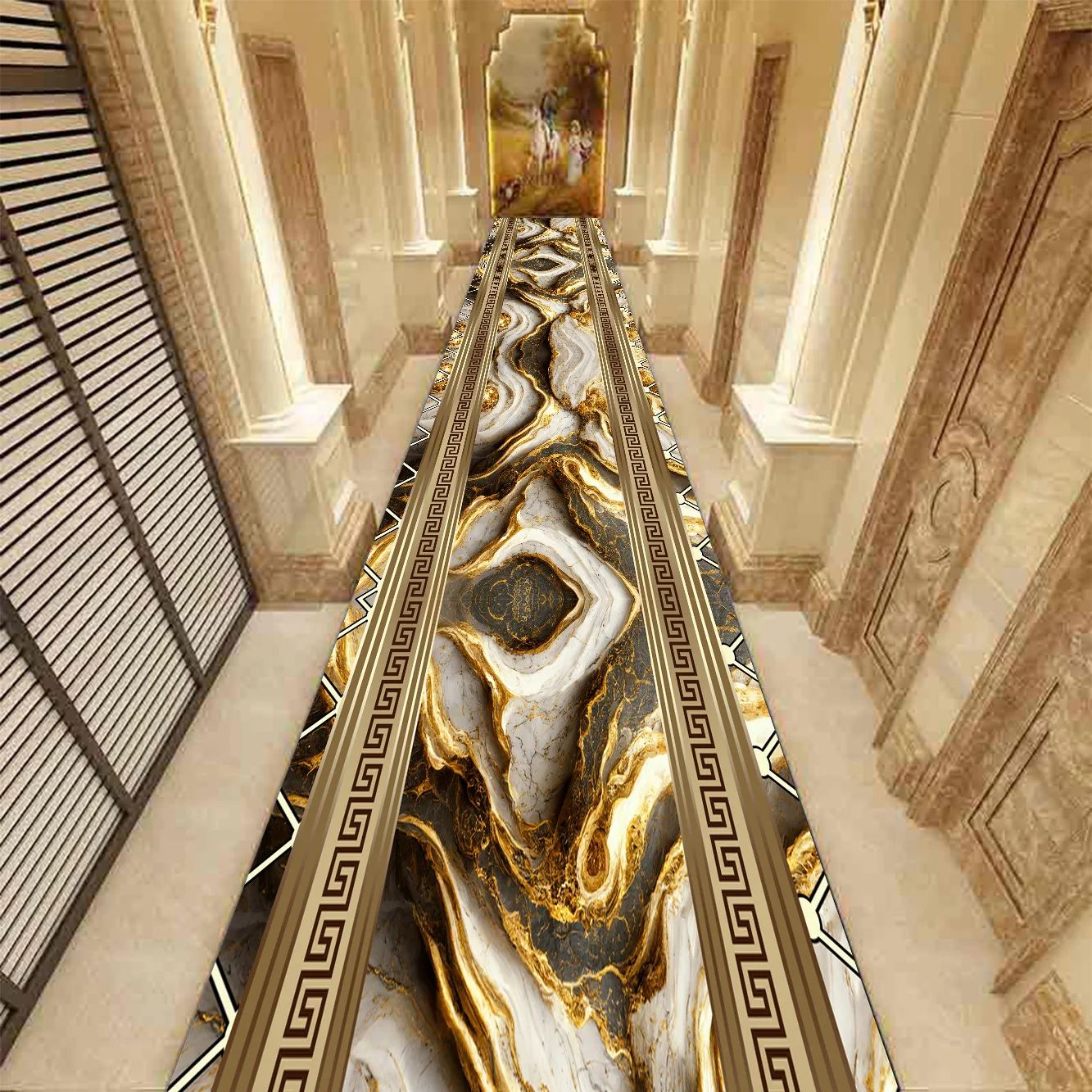 Golden Marble Hallway Runner Rug Luxury Non Slip Carpet For Modern Home Decor 9 47x118in