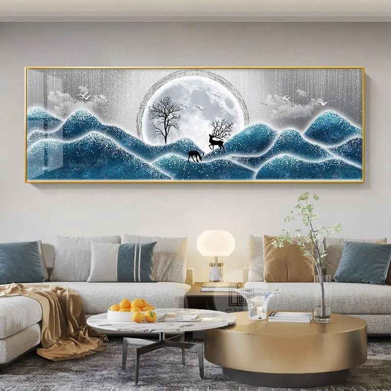 Feng Shui Gold Deer Canvas Wall Art Chinese Style Mountain Decor Print 12 20x60 Cm no Frame