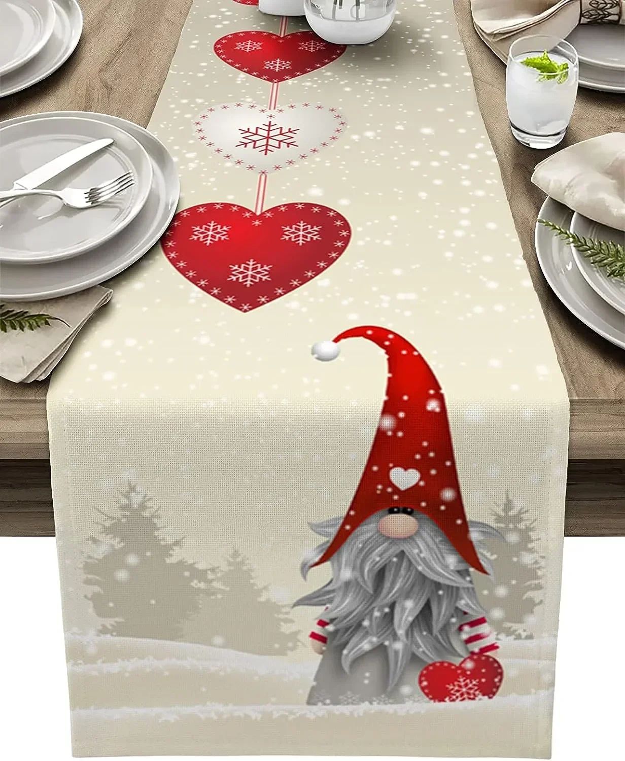 Christmas Gnome Snowflake Table Runner Linen Style Holiday Dining Decor 200x33cm 78.7x13inch