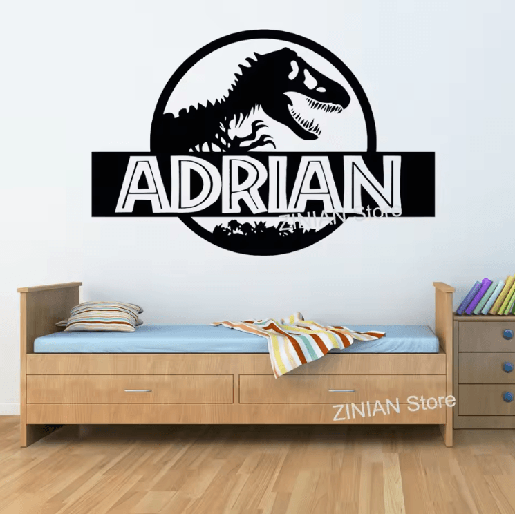 Personalized Jurassic Dinosaur Wall Sticker Custom Name T Rex Kids Room Decor black 86x57 Cm