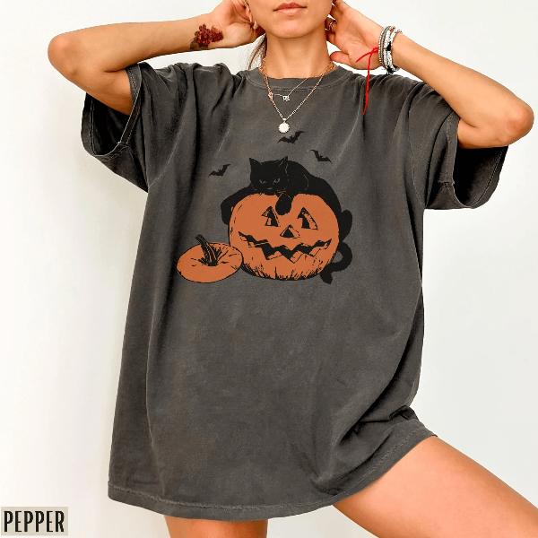 Retro Black Cat Pumpkin Shirt Comfort Colors Tee Vintage Halloween Cat Graphic Spooky Season Top black xl t Shirt