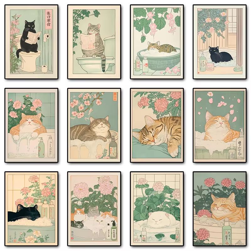 Japandi Cat Bathtub Canvas Wall Art Retro Japanese Aesthetic Poster spa Peach 11.81x16.54in Unframed