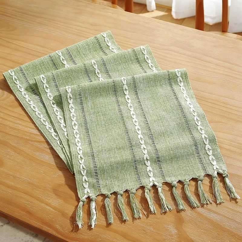 Green Boho Table Runner With Tassels Farmhouse Cotton Linen Dining Decor b 35x260 Cm one Piece