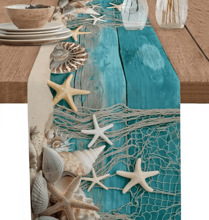 Coastal Starfish Linen Table Runner Blue Ocean Beach Dining Decor 01 200x33cm 78.7x13inch