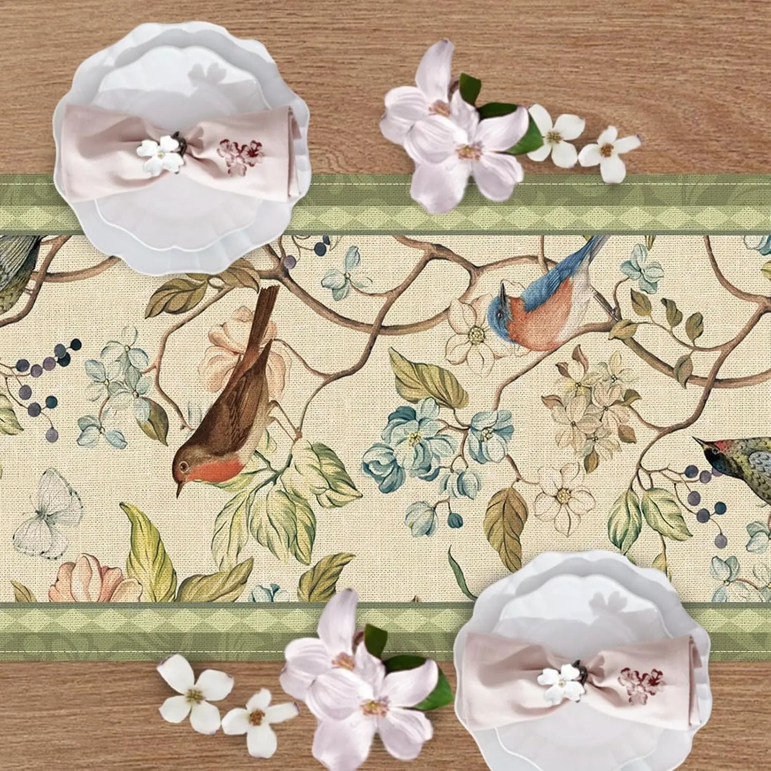 Vintage Floral Bird Linen Table Runner Farmhouse Dining Table Decor 02 200x33 Cm 78.7x13 In