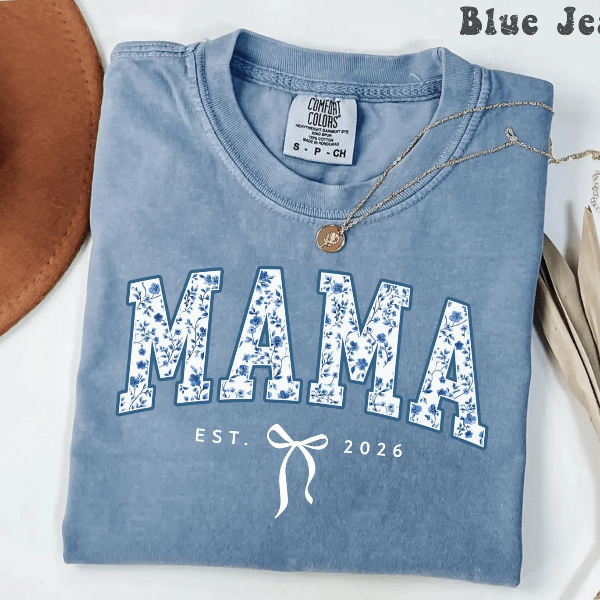 Personalized Mama Shirt Comfort Colors Blue Toile Floral Est Year Coquette Mom Tee Gift grey l t Shirt