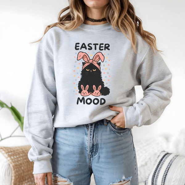 Easter Mood Grumpy Cat Shirt Funny Bunny Ears Cat Graphic Tee, Cute Easter Gift For Cat Lovers lavender Pink l sweatshirt