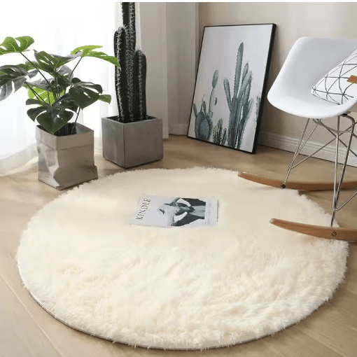 Fluffy White Round Rug Soft Plush Carpet For Kids Bedroom & Cozy Living Spaces cream Color 120cm Diameter