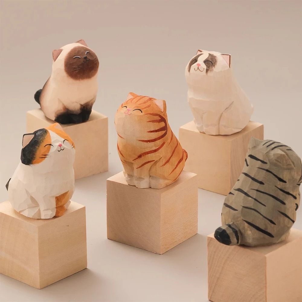 Handcrafted Wood Carved Cat Figurine Cute Kitten Desk Decor Ornament 03