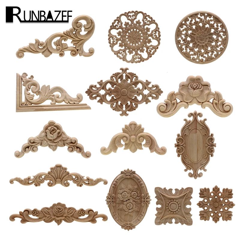 Natural Floral Wood Carved Wood Applique Decorative Furniture Accent 4in Floral Round