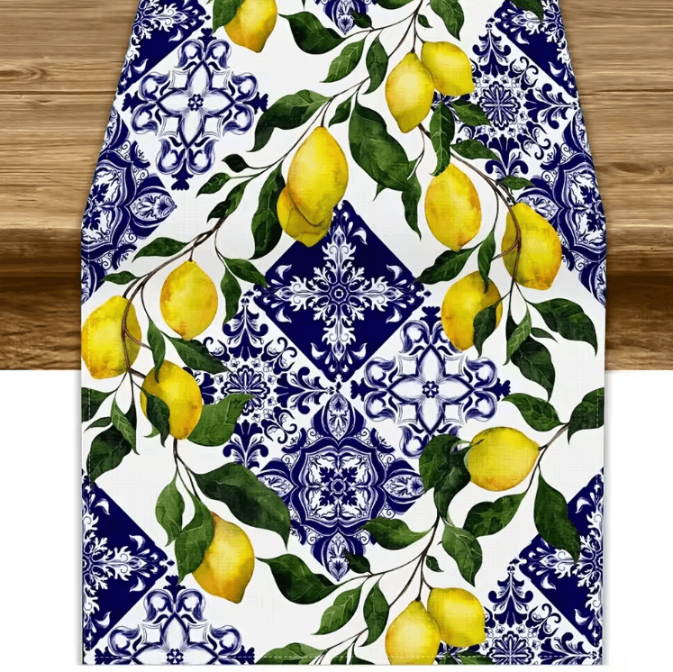 Mediterranean Blue Tile Lemon Linen Table Runner Summer Floral Kitchen & Party Decor 01 180x33cm 70.8x13inch