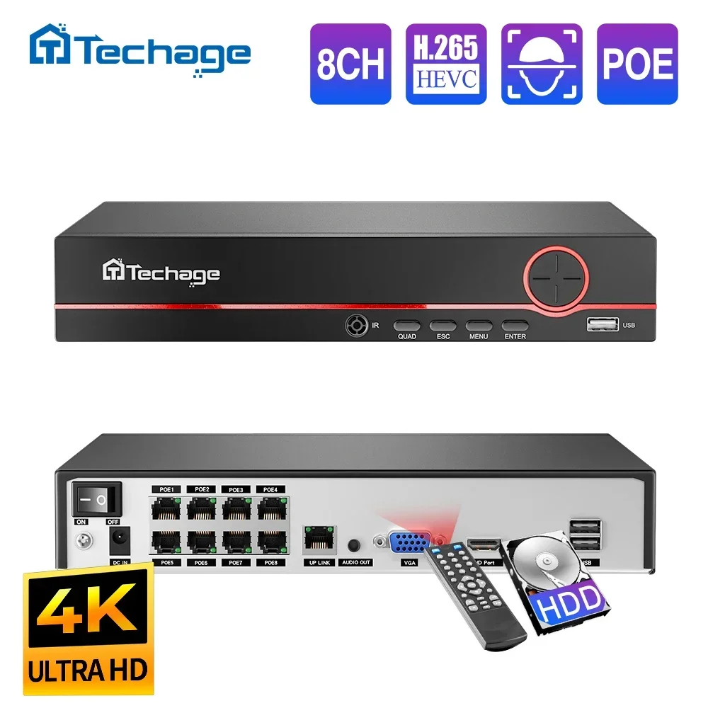 Techage H.265 8CH 4K POE NVR 4MP 5MP 1080P Audio bidirezionale Sorveglianza di sicurezza NVR Fino a 16CH per POE Telecamera IP CCTV Video