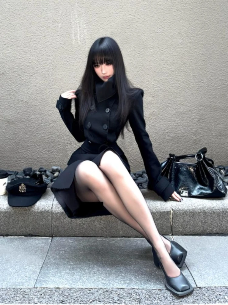 Darkly Winter Manica lunga Hot Girl Set da 2 pezzi Donna Design Gotico Slim Vintage Nero Y2k Cappotto Retro High Street Abito di lana