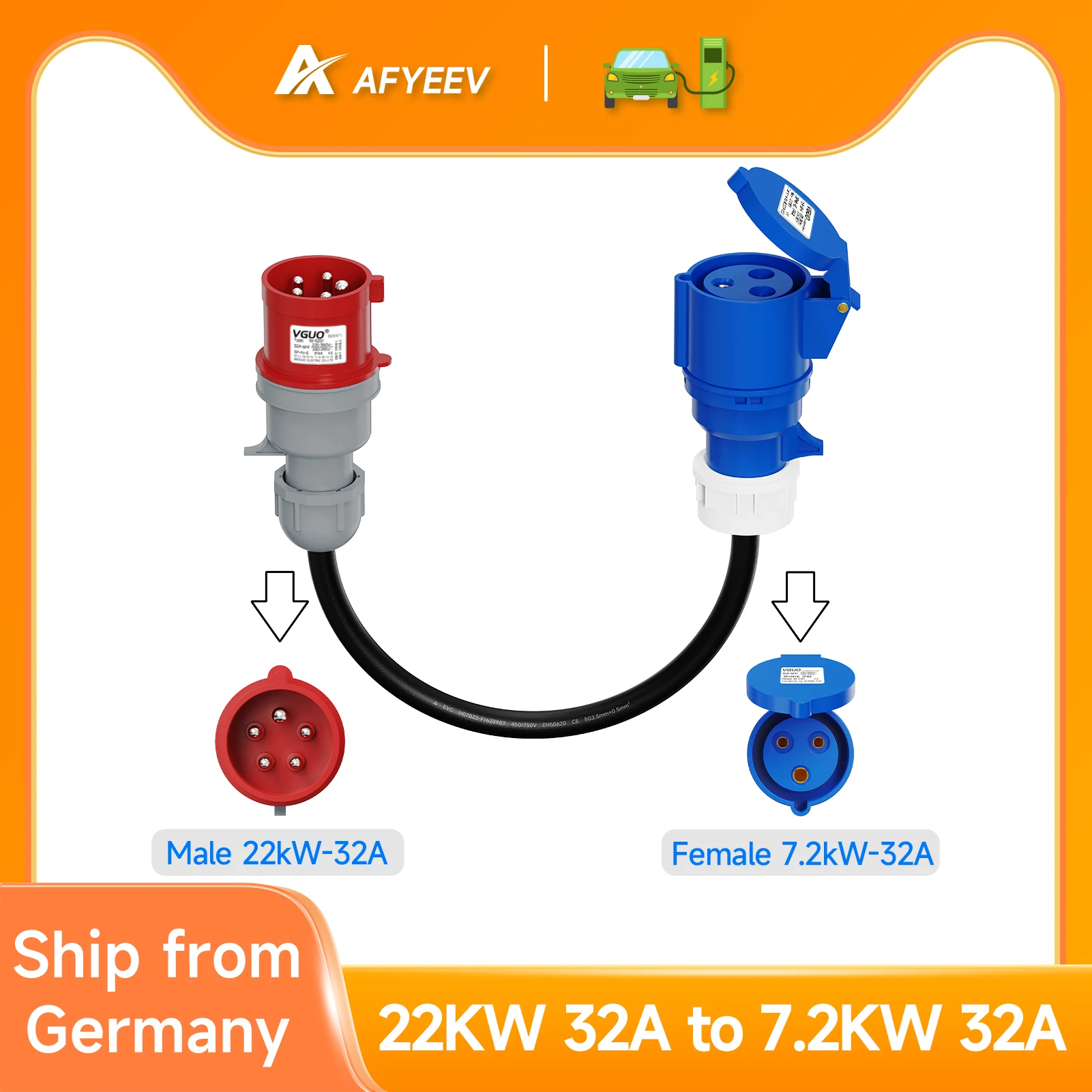 Elektrofahrzeug-Ladeadapter: Konvertiert von 22KW auf 7KW, 3-Phasen auf 1-Phasen, 32A CEE Rot Stecker 5-polig auf Blau Buchse 3-polig Image