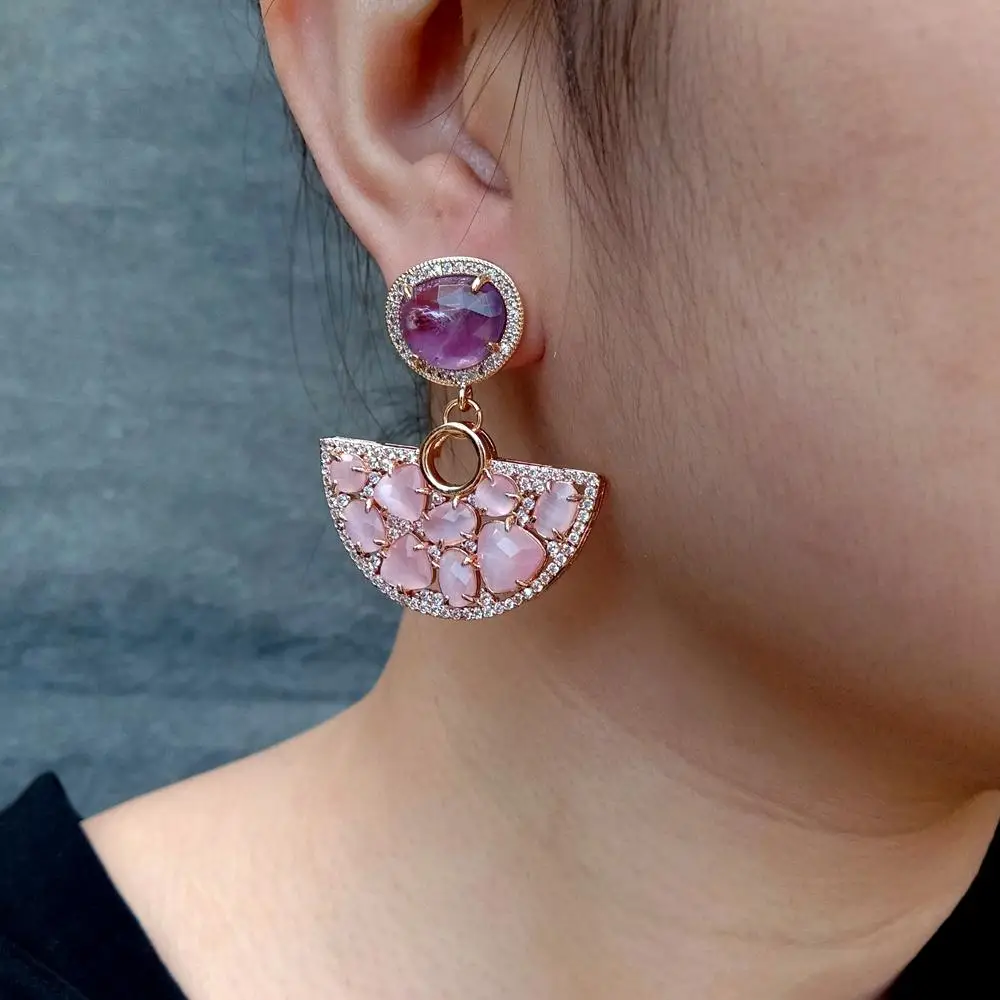 YYGEM Natürlicher lila Amethyst 13 x 35 mm rosa Katzenauge große Ohrstecker luxuriöser Stil exquisiter Damen-Ohrring