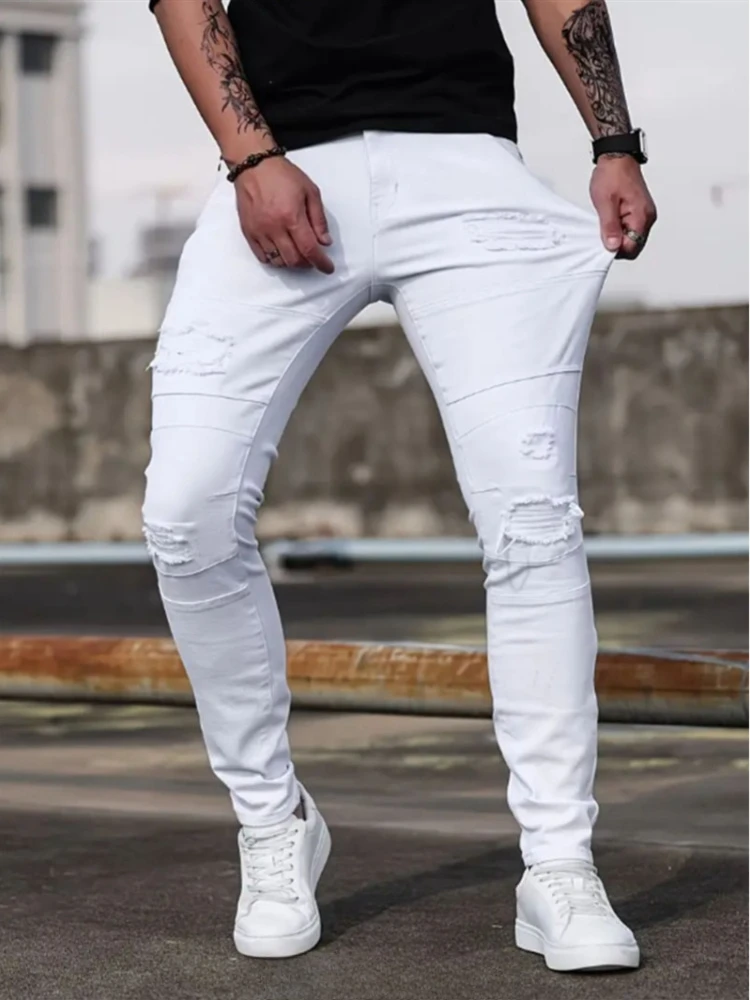 Herren Weiße Skinny Stretch-Jeans Frühling Casual High Street Mode Biker Amerikanischer Trend Denim-Hosen Distressed Hip-Hop-Hosen Image