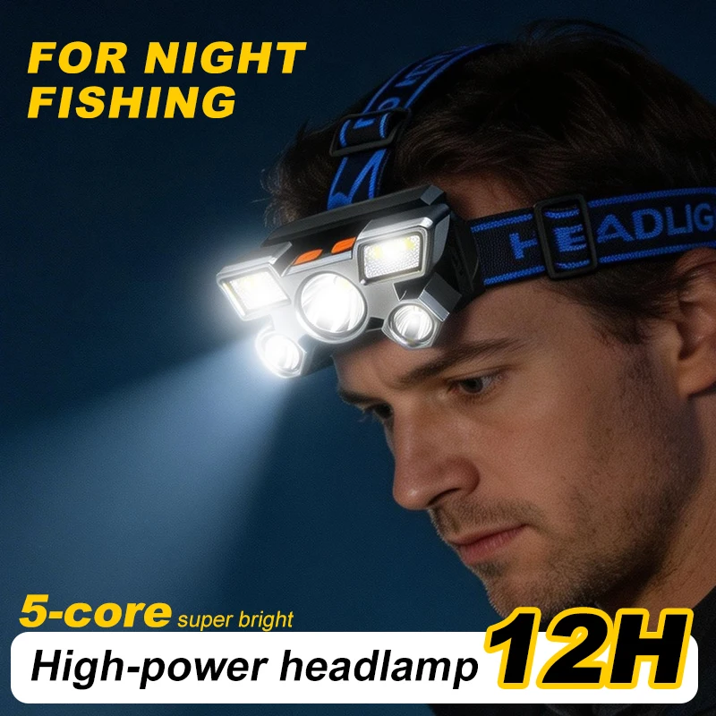 USB wiederaufladbare Stirnlampe, tragbare 5-LED-Stirnlampe mit eingebauter Batterie, tragbare Arbeitsleuchte, Angeln, Camping, Stirnlampe für T Image