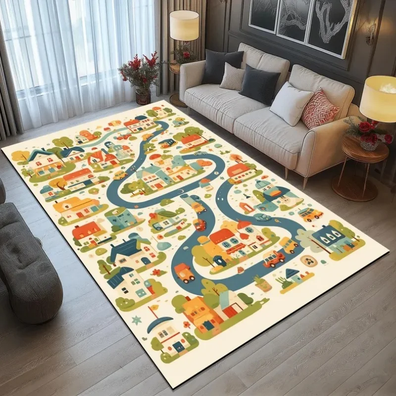 Kinder-Cartoon-Stadtstraßen-Teppich Rutschfester Spielteppich für Wohnzimmer Schlafzimmer Spielzimmer Lehrreicher Spielteppich Perfekt für Kinderspiele