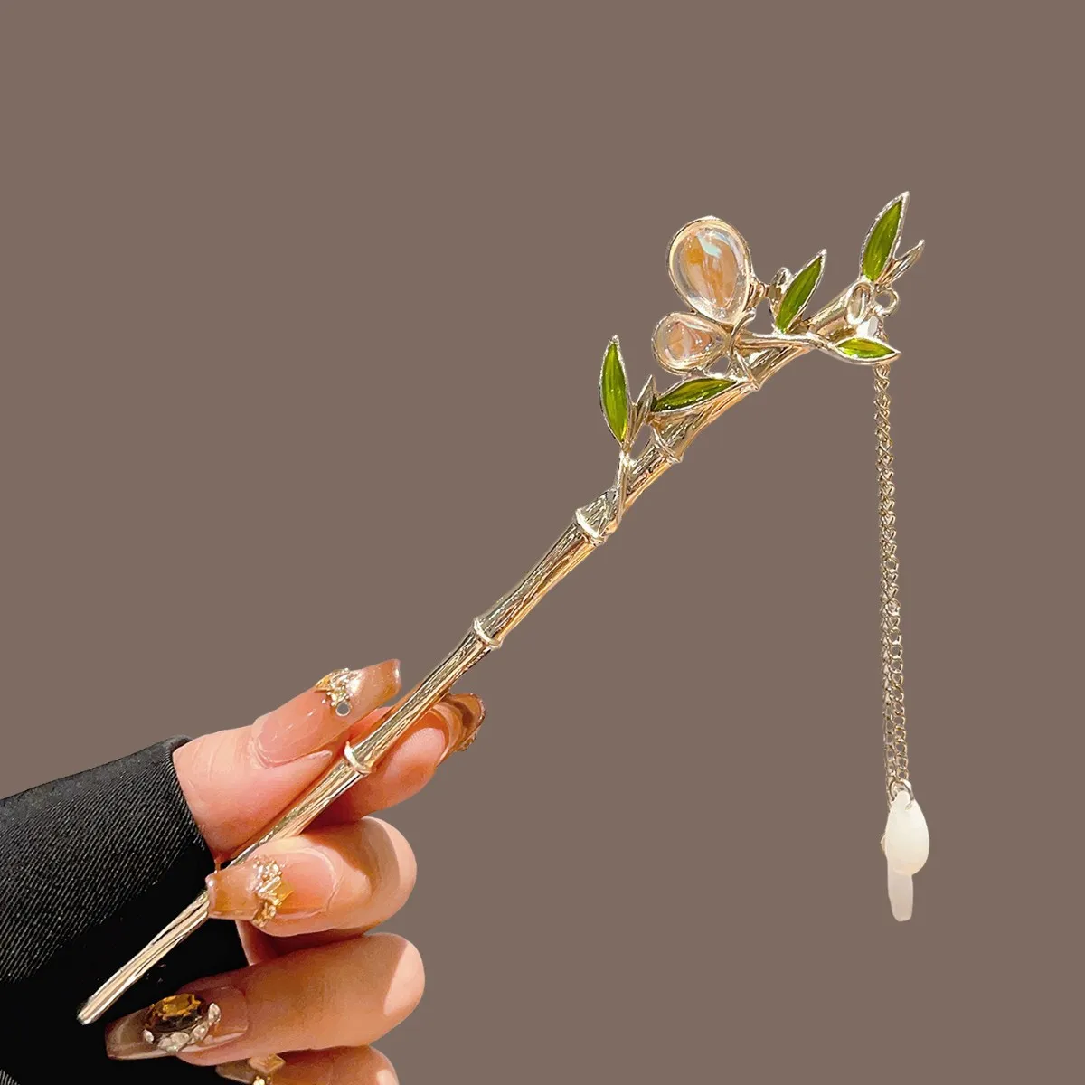 Grüner Bambus-Haarstab mit Quaste für Han-Kostüme, antiker Stil, Blumen-Perlen-Haarnadel, Vintage-Hochzeits-Cheongsam-Dekor, Haarspange Image