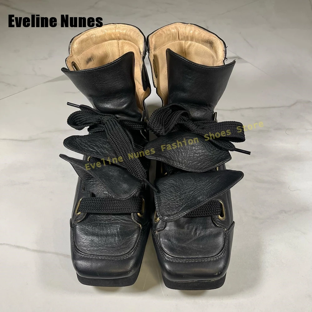 Quadratische Spitze Schnür-Retro-Modepumps 2026 Street Style Neuheiten Einfarbige Umgeschlagene Kante Patchwork Paar Lässige Knöchelstiefel Image