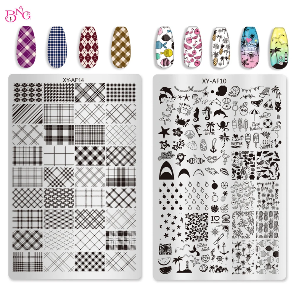BNG Schöne Nagelstempelplatten Karierte Blumen Nail-Art Bildplatten Sommer-Stempelvorlagen Maniküre DIY Druckwerkzeuge Image