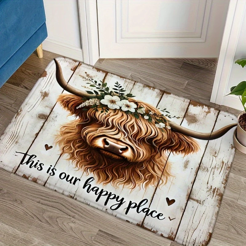 VIKAMA Highland Cow "This Is Our Happy Place" Fußmatte, floraler Bauernhaus-Eingangsteppich, rutschfeste, waschbare Fußmatte für die Haustür Image