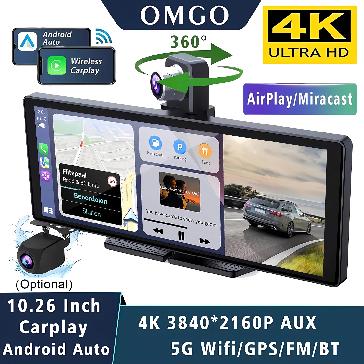 10,26 Zoll Auto-DVR 4K 3840*2160P Carplay Android-Auto GPS 5G WLAN FM BT Dashcam Dual-Objektiv Armaturenbrett-Kamera LKW-Kamera Fahrtenschreiber Image