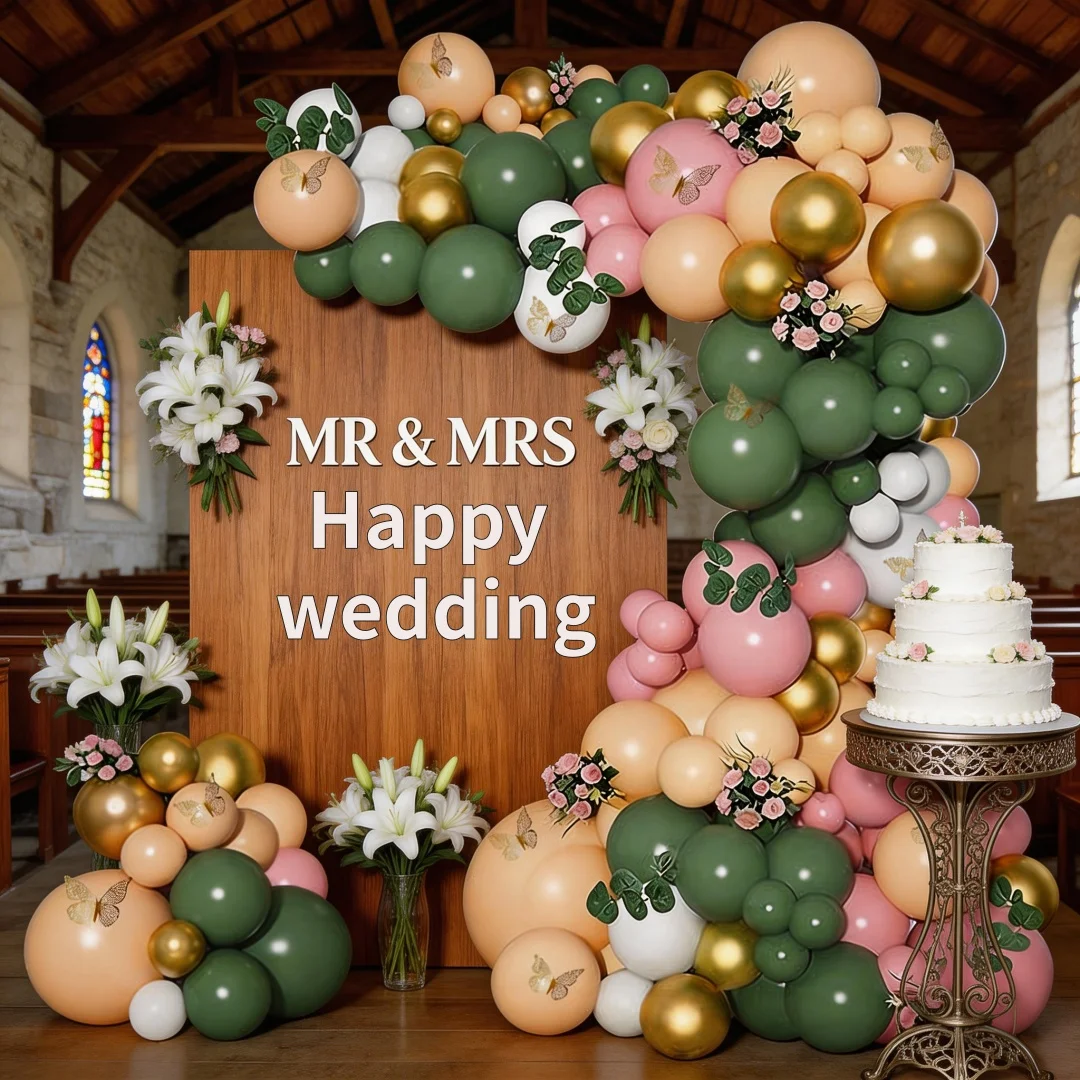 125-teiliges Hochzeits-Themen-Ballonset, Salbeigrün und Rosa - Enthält weiße, olivgrüne und goldene Latexballons, mit 3D-Schmetterlingen - Perfekt für Geburtstagsfeiern, Hochzeiten und Feiern, Image
