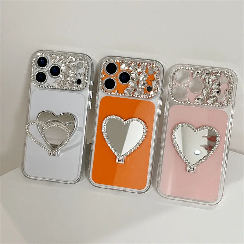 Luxuriöse Funkelnde Strass-Dekoration Kamera-Rahmen Herzförmiger Spiegel Handyhülle für iPhone 17 14 15 16 Pro Max Stoßfeste Schutzhülle Image