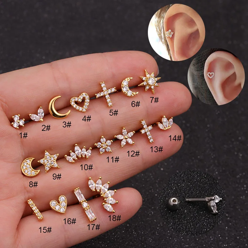 16G Chirurgischer Edelstahl-Ohrstecker für Damen, Kubischer Zirkonia Mond Herz Hypoallergene CZ-Ohrringe Ohrstecker Piercing-Schmuck Image