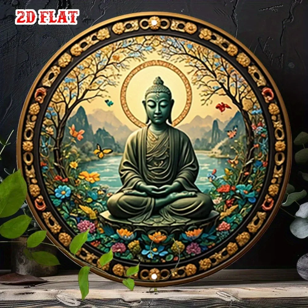 Vintage-Metallschild, Buddha-Statue mit goldenem Halo, rundes Poster für Café, Strandhaus, Hinterhof, Wanddekoration, 19,81 x 19,81 cm Image