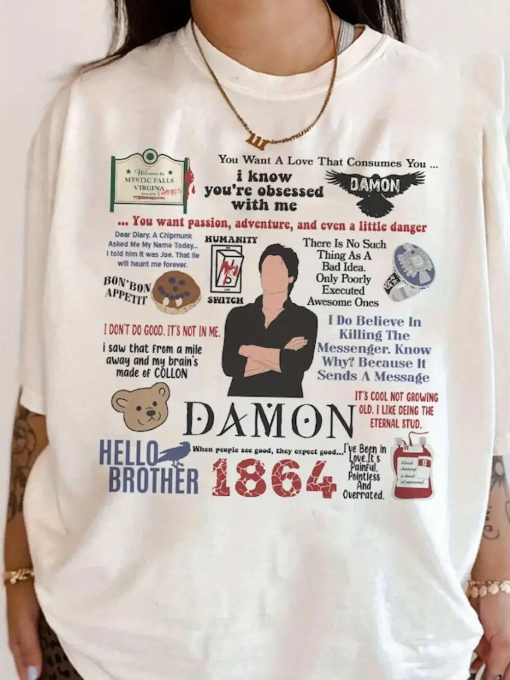 Team Damon Grafik-T-Shirt The Vampire Diaries Damon Salvador TVD Vampire Diaries Referenz-T-Shirt Lässiges Print-T-Shirt Unisex Image