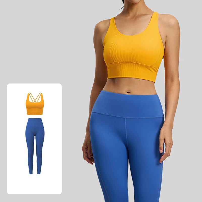 Damen Geripptes Yoga-Set mit Überkreuztem Rücken und Hochtaillierter Leggings, 2-teiliges Yoga-Set mit Bauchkontrolle, Po-Lifting-Effekt und Feuchtigkeitsableitung, Fitness-Set
