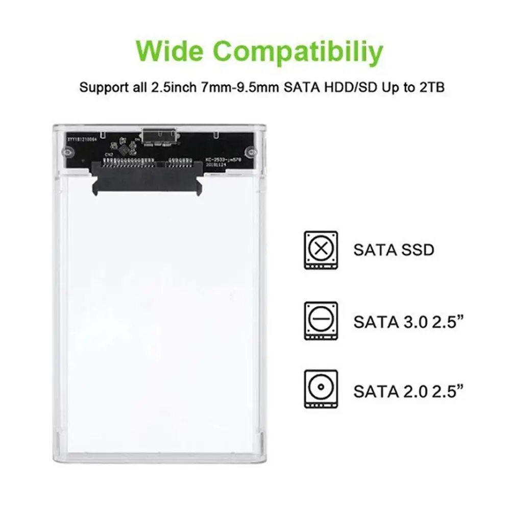 Tragbares 2,5-Zoll Transparentes Festplattengehäuse SATA zu USB 2.0 Typ-C Externes SSD-Gehäuse Hochgeschwindigkeits-Datenspeicherhülle Image
