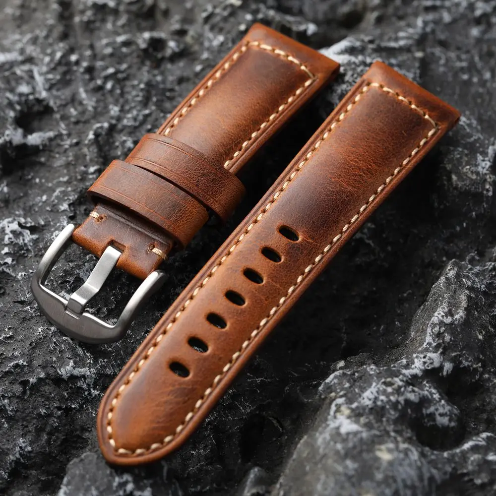 Hand gefertigte Kopfs chicht Rindsleder Armband Tan Vintage Herren Uhr Armband 20 22 24mm weich verdickte Bronze Schnalle Armband Image