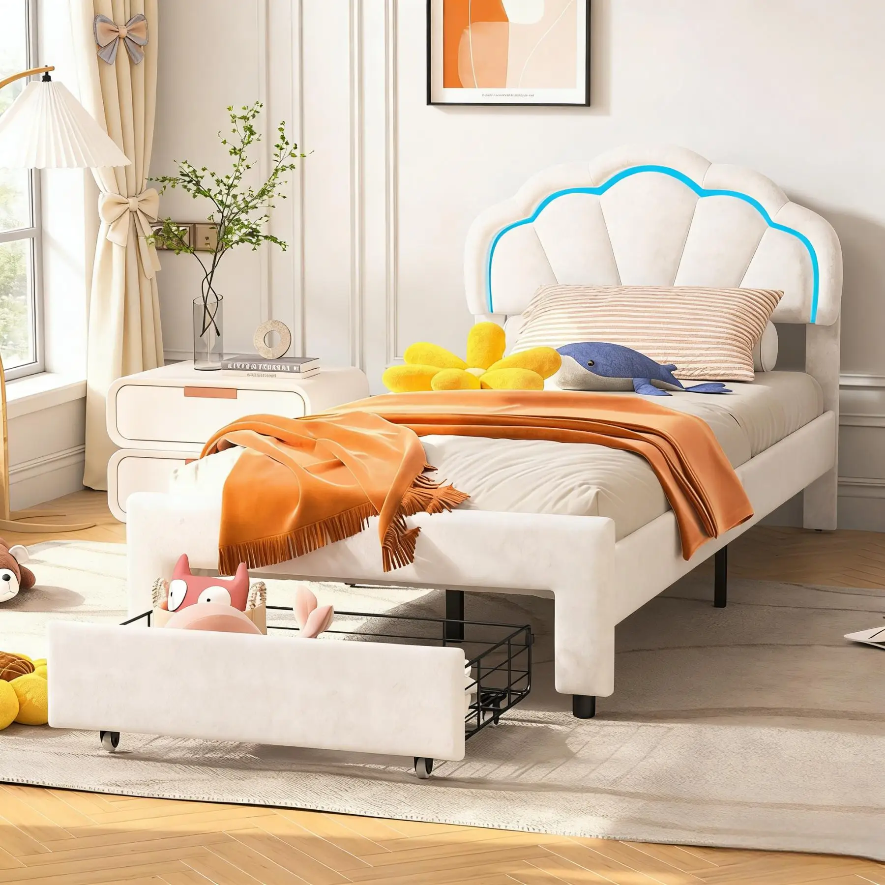 90 x 200 cm großes gepolstertes Kinderbett, Jugendbett, mit LED-Beleuchtung und Schubladen, verstellbares Kopfteil mit Blumenmuster, Samt, weiß