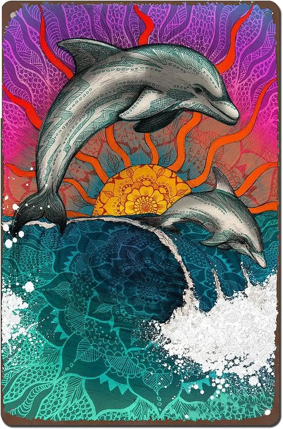 Neuartige Metallschilder mit Surfing-Delfin-Sonnenuntergang-Motiv, Retro-Kunst-Blechschilder, Wanddekoration für Zuhause, Bars, Strandclubs, Garagen Image