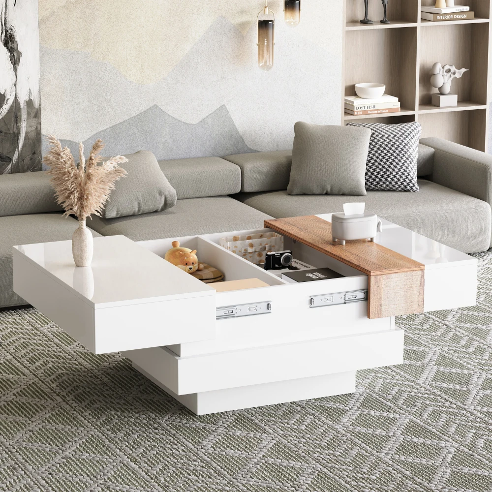 Moderner, hochglänzender, quadratischer Couchtisch, 70 x 70 x 39 cm, ausziehbares Design mit versteckter Stauraum, Farbblock-Wohnzimmer-Beistelltisch