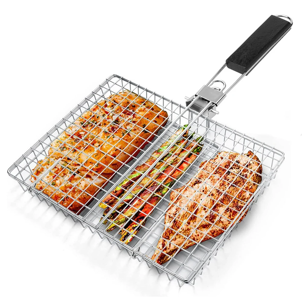 Tragbarer Grillkorb, zusammenklappbar, Edelstahl, Grillkorb mit Griff für Fisch, Gemüse, Garnelen, Kochen, Kochgeschirr, Werkzeuge Image
