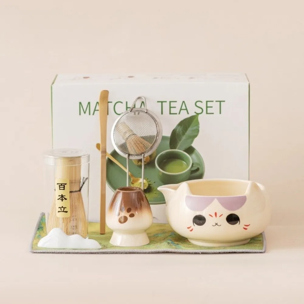 2/5/7-teiliges Keramik-Matcha-Tee-Set in Rosa, Fünfteiliges Set mit Katzenohr-Teeschale, Bambusbesen mit Ausgießer, Matcha-Zubereitungsset Image