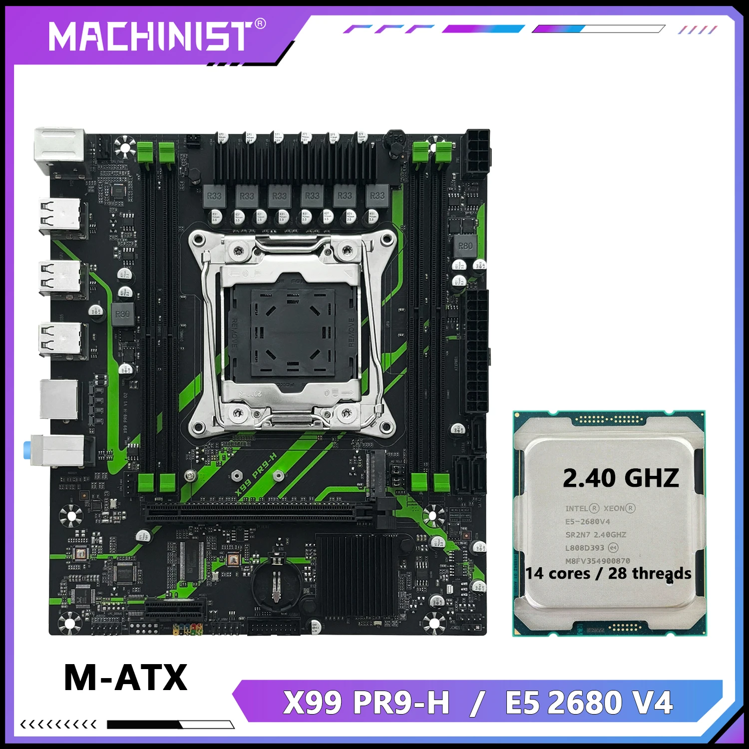 MAXHINIST X99 Motherboard LGA 2011-3 Kit-Set Xeon E5 2680 V4 / 2650 V4 / 2630 V4 CPU Prozessor DDR4 RAM Speicher NAME M.2 PR9-H Image